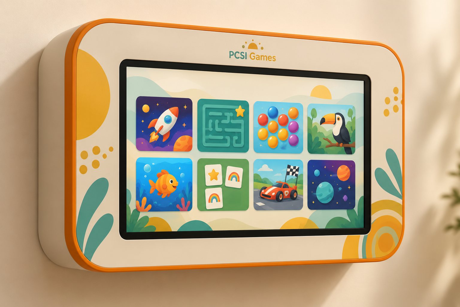 Concept rendering of a Pediatric Games wall-mounted touchscreen kiosk