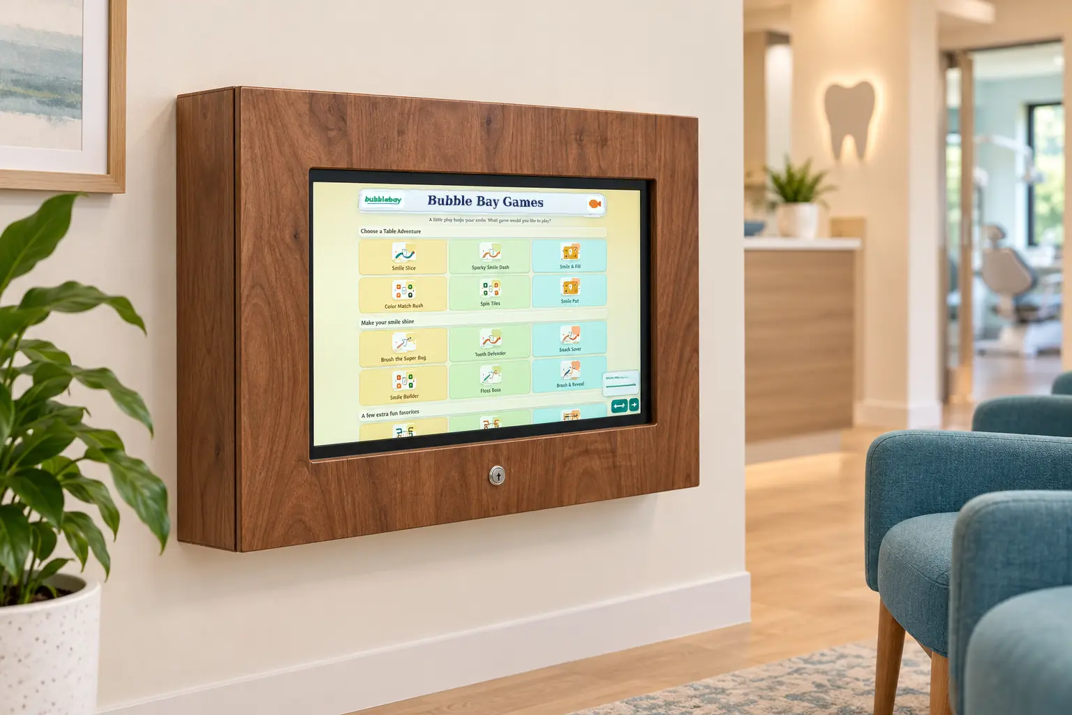A PediatricGames kiosk in a stained wood wall cabinet