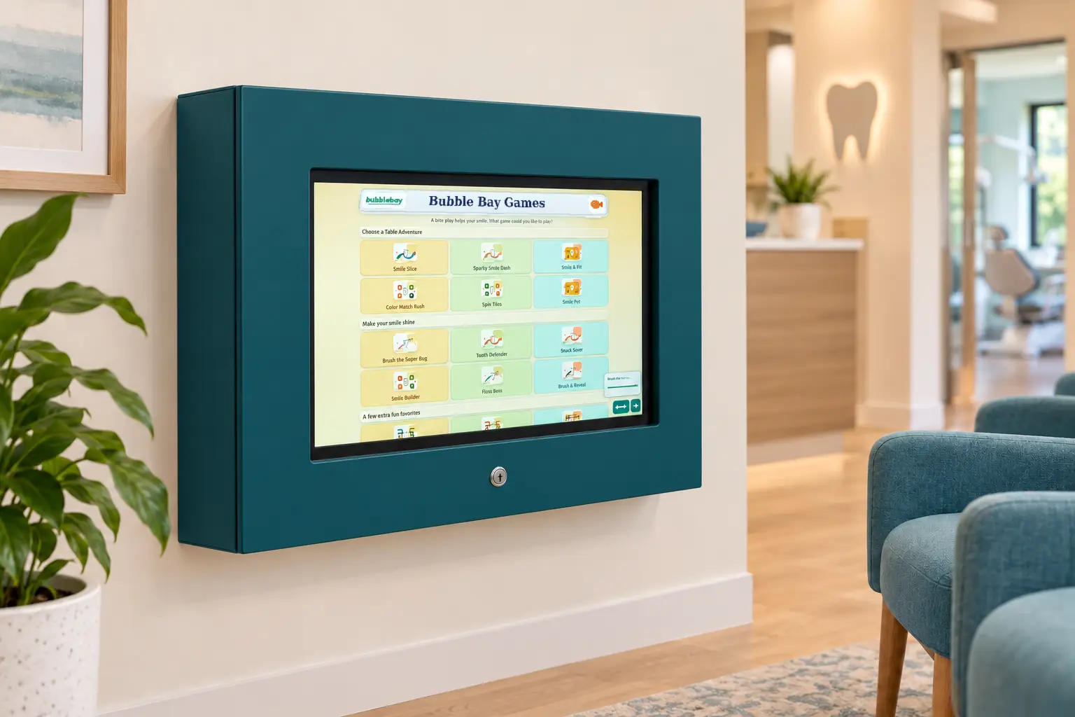 A PediatricGames kiosk with a solid teal vinyl wrap