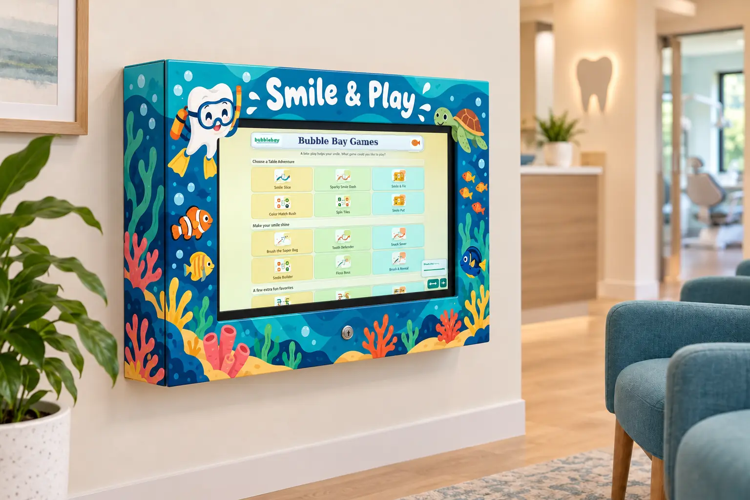 A PediatricGames kiosk with a custom printed ocean-themed wrap and a tooth mascot