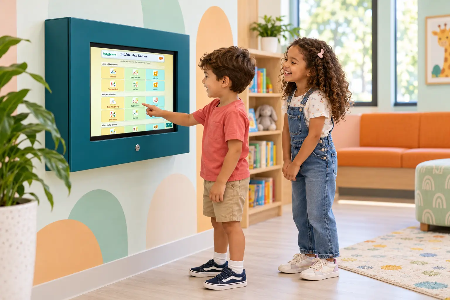 Two children playing games on a PediatricGames kiosk with a solid teal vinyl wrap in a pediatric waiting room