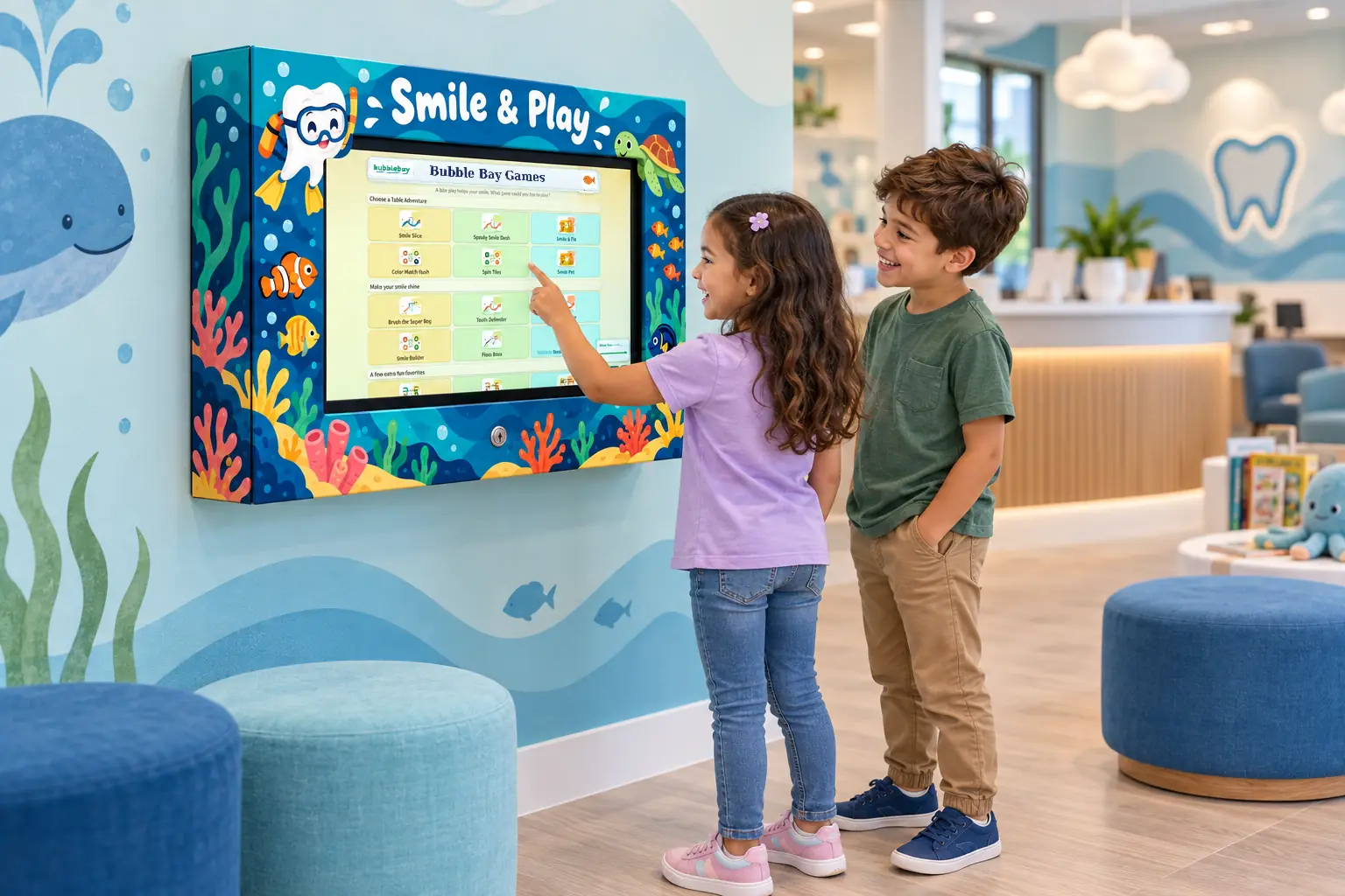 Two children playing games on a PediatricGames kiosk with a custom ocean-themed printed wrap in a pediatric dental office